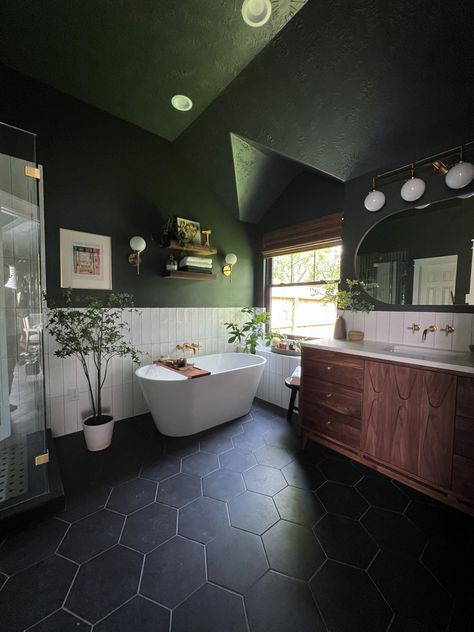 Bathroom Wallpaper Ceiling, Moody Bathroom Wallpaper, Moody Bathroom, Dark Bathroom Ideas, Dark Bathroom, Dark Wood Bathroom, Dark Bathrooms, Mid Century Modern Bathroom, Mid Century Bathroom