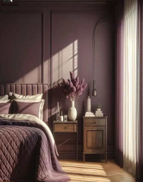 Deep Purple Interior, Purple Master Bedrooms Decor, Plum Bedroom Walls, Dusty Purple Bedroom, Aubergine Bedroom, Plum Bedroom Ideas, Purple Wall Bedroom, Bedroom Purple Walls, Plum Room