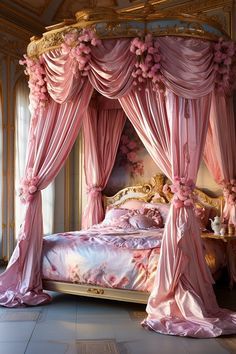 Amazing Beds, Pink Bed Canopy, Interior Board, Muscogee Creek, Vintage Bedroom Ideas, Fall Bedroom Ideas, Princess Palace, Setting Inspiration, Bedroom Ideas Inspiration