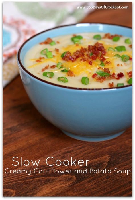 Slow Cooker Creamy Cauliflower and Potato Soup--With a velvety smooth texture, this cauliflower soup is ultra comforting and feels indulgent but it's surprisingly healthy.  Each serving only contains 189 calories and will warm you right up! Cauliflower And Potato Soup, Slow Cooker Cauliflower Soup, Rv Recipes, Cauliflower And Potato, Cauliflower Potato Soup, Light Cooking, Ww Meals, Creamy Cauliflower Soup, Cauliflower Soup Recipes