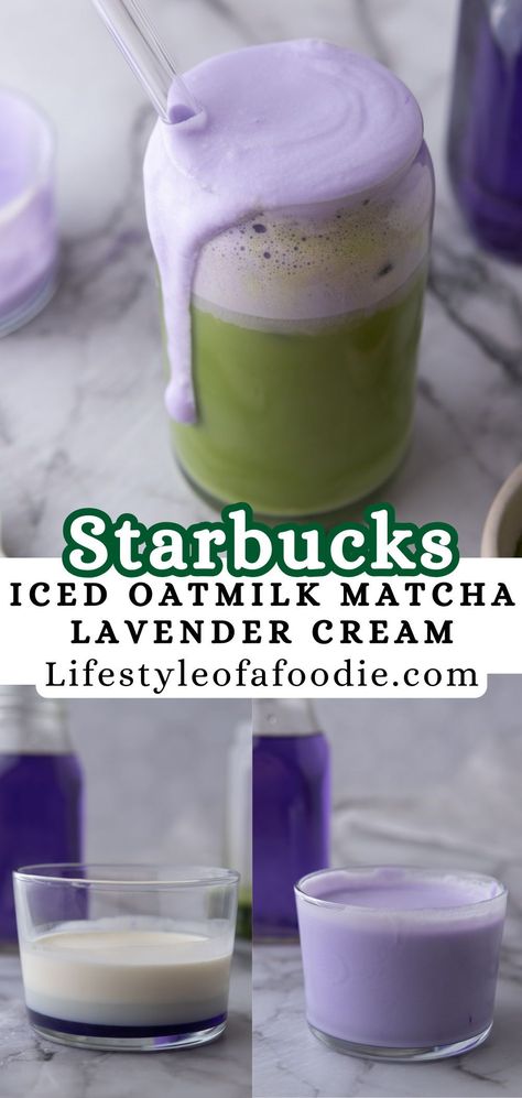 This copycat Starbucks Oatmilk Matcha Lavender Cream recipe is here just in time for Spring 2024! Made with sweetened matcha powder, creamy oat milk, and lavender syrup, this iced lavender oat milk latte will satisfy your every craving. Lavender Syrup Recipes, Oatmilk Recipes, Lavender Syrup Uses, Drinks With Lavender Syrup, Lavender Oatmilk Chill, Macha With Lavender, Starbucks Lavender Matcha Recipe, Lavender Cream Cold Foam, Torani Lavender Syrup Recipes