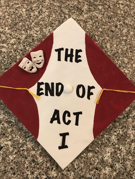 Theatre graduation cap! The end of act one! Acting Graduation Cap, Graduation Things, Senior Hats Decoration, Graduation Cap Designs Acting, Theatre Caps, Fall Out Boy Graduation Cap, John Mulaney Graduation Cap, Hadestown Graduation Cap, Theater Graduation Party Ideas