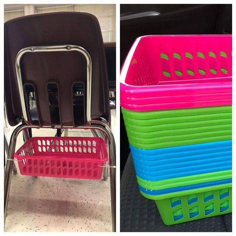 Dollar tree baskets and zip ties Tree Baskets, Dollar Tree Baskets, Under Seat Storage, Classroom Hacks, Teaching Organization, 5th Grade Classroom, Classroom Organisation, Classroom Storage, 2nd Grade Classroom