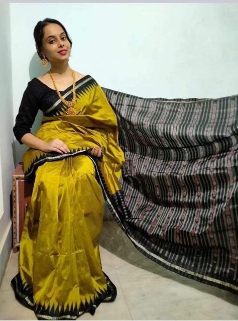 Multicolour Saree, Yellow Silk Saree, Desi Attire, Sambalpuri Saree, Yellow Silk, Saree Dress, Black And Yellow, Intricate Designs, Black Border