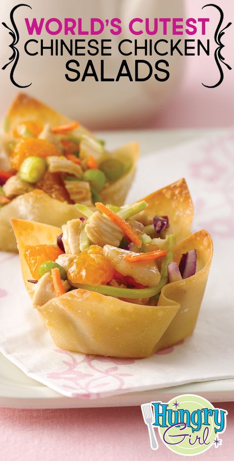 Chinese Chicken Salads, Chicken Salad Wontons, Wonton Wrapper Recipes, Savory Snack Recipes, Cup Recipes, Wonton Cups, Won Ton, Hungry Girl Recipes, Chinese Chicken Salad