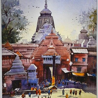 Watercolor Scenery Painting, Watercolor Indian, Watercolor Scenery, Composition Painting, Beginners Painting, Watercolor Art Landscape, Canvas For Beginners, Street Painting, Beautiful Art Paintings