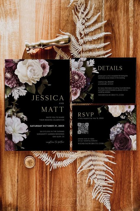 Dark Flower Wedding, Moody Botanical Wedding, Serendipity Garden Weddings, Moody Wedding Invitations, Dark Romantic Wedding, Moody Botanical, Botanical Wedding Invitation, Botanical Wedding Invitations, Dark Wedding