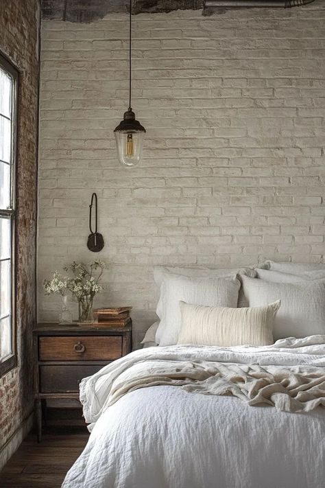 "Elevate your space with the allure of textured wall finishes! 🎨🧱 A great way to bring depth and character to your interior design. �🌿✨ #WallInspiration #TexturedDecor #HomeStyle" White Brick Room Bedrooms, White Brick Wall Bedroom Ideas, White Brick Bedroom, White Brick Wall Bedroom, Brick Wall Bedroom Ideas, Bedroom Brick Wall, Texture Bedroom, Whitewash Brick Wall, Brick Wall Bedroom