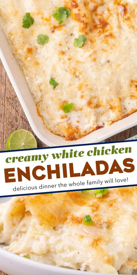 These creamy white chicken enchiladas are made with shredded chicken, smoky salsa verde, piled high with cheese, and smothered in a mouthwatering homemade spicy and creamy sauce, and baked to gooey cheesy perfection! Creamy White Chicken Enchiladas, Easy Dinner Desserts, White Chicken Enchiladas, Chicken Enchilada Casserole, Green Enchilada Sauce, Vermicelli Noodles, Duck Recipes, Chicken Main Dishes, White Chicken