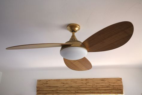 Spray Painting a Ceiling Fan Gold Brass Modern Light Wood Mid Century Harbor Breeze Avian Ceiling Fan Ceiling Fan Gold, Mid Century Modern Ceiling Fan, Painting A Ceiling, Painting Ceiling, Gold Ceiling Fan, Brass Ceiling Fan, Bedroom Fan, Wood Mid Century, Ceiling Fan Makeover