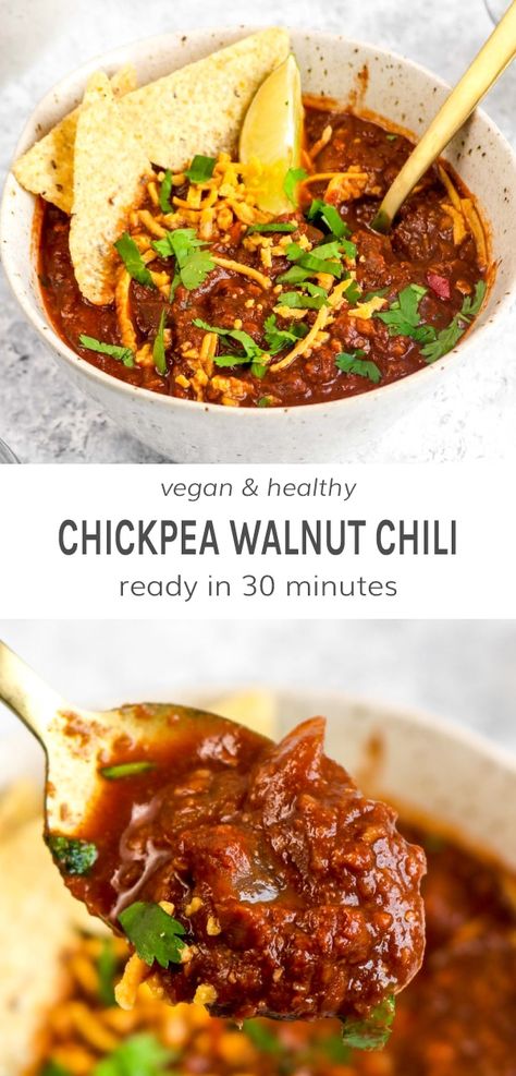 Walnut Chili, Vegan Chili Recipes, Walnut Meat, Vegan Chili Recipe, Bowl Of Chili, Tomato Broth, Spicy Tomato Sauce, Vegan Sour Cream, Vegan Chili