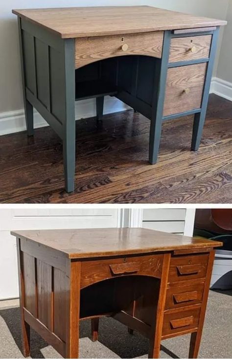 Executive Desk Makeover, Desk Before And After, Refurbished Old Desk, Oak Desk Makeover, Desk Upcycle, Upcycled Desk, Desk Upcycle Ideas, Bureau Desk Upcycle, Upcycling Writing Bureau