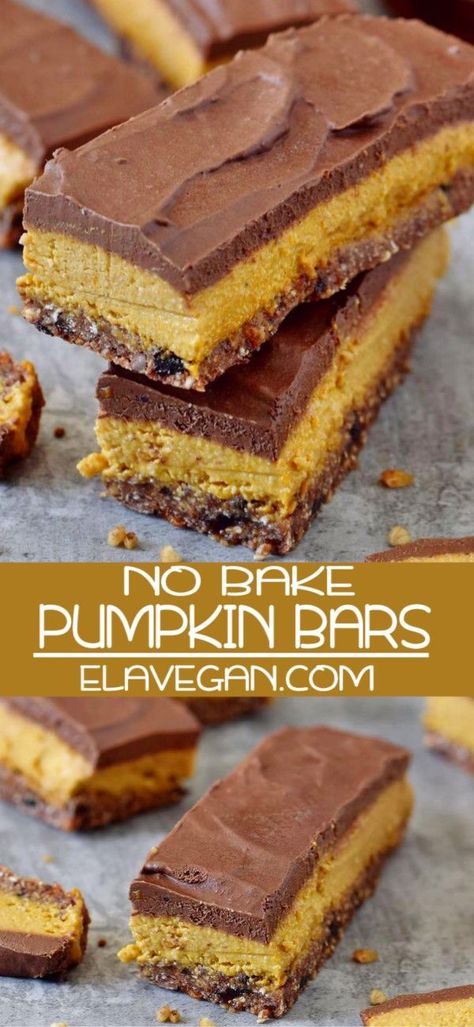 Healthy no bake pumpkin bars which are vegan, gluten-free, paleo-friendly, refined sugar-free and very easy to make. No baking skills required! #veganpumpkinbars #pumpkinbars  #vegandessert #elasrecipes | elavegan.com No Bake Pumpkin Bars, Healthy Pumpkin Bars, Healthy No Bake, Bars Healthy, Best Vegan Desserts, No Bake Pumpkin, Baking Skills, Bake Pumpkin, Vegan Pumpkin Recipes