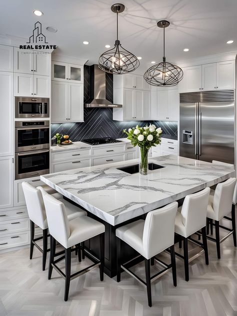 L Shaped Kitchen Island With Seating, Big Kitchen Island With Seating, Emerald Kitchen, Big Kitchen Design, Modern Partition, Dream Kitchen Layout, Double Island Kitchen, Kitchen Island With Sink, Modern Kitchen Design Luxury 2023