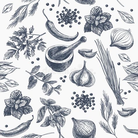 Vector seamless pattern with herbs and spices. Modern stylish texture. Repeating , #Ad, #herbs, #spices, #pattern, #Vector, #seamless #ad Herbs Illustration, Herb Art, Menue Design, Food Patterns, Retro Background, Spices And Herbs, Herbs And Spices, Drawing Set, Seamless Pattern Vector