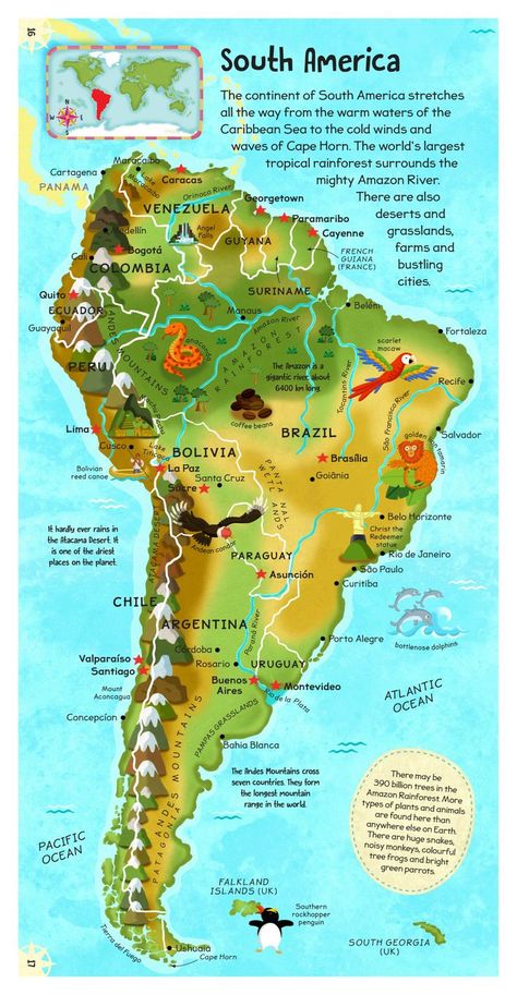 Illustrated by Alistar Illustration, available at Miles kelly Publishing World Geography Map, Atlas Book, General Studies, South America Map, Homeschool Worksheets, Map Puzzle, Geography Map, Atlas Map, Geography Lessons