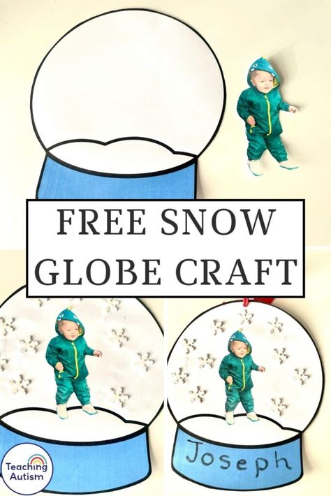 This free snow globe craft makes a beautiful keepsake to send home to student’s families at Christmas time. I’ve included the template as a free download for you below, as well as some instructions. Winter Snow Globe Craft, Snow Globe Template, Christmas Snow Globe Craft, Picture Snow Globe, Toddler Holiday Gifts, Snow Globe Craft, Kindergarten Christmas Crafts, Winter Snow Globe, Snow Globe Crafts