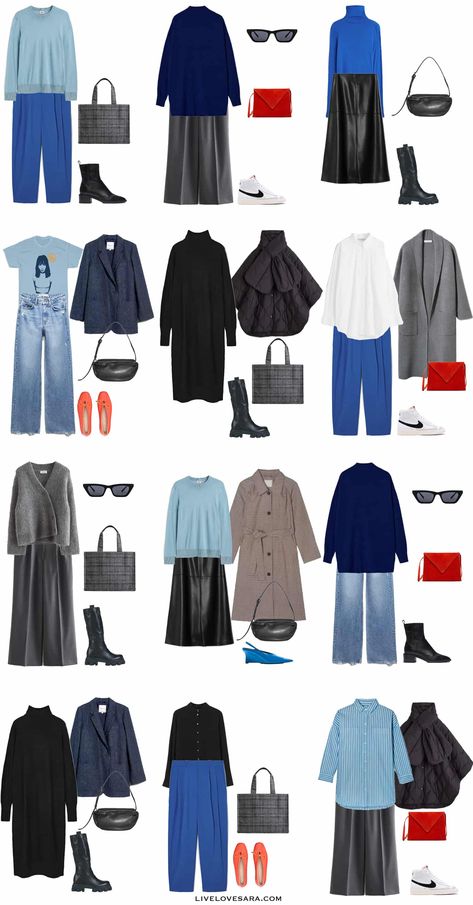 Blue Capsule Wardrobe, Blue Outfit Winter, Bright Winter Outfits, Blue Sweater Outfit, Ideas Armario, Clothes Capsule Wardrobe, Capsule Wardrobe Women, Ribbed Pants, Honeymoon Style