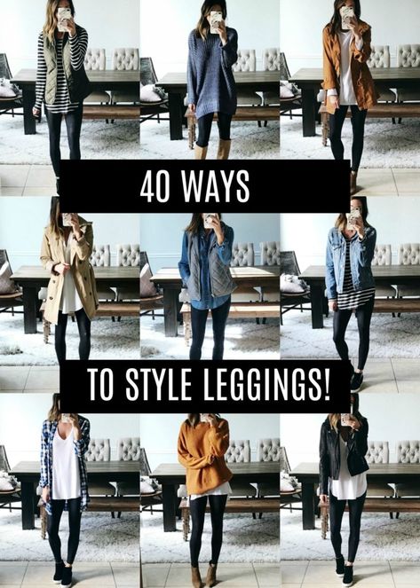 Wowza, this post took some time!  It’s been a HUGE request though so I’m so happy to have this done!  Today I’m sharing 40 ways to style leggings.  Yep, that’s right, FORTY ways!  So, technically, this post could have you wearing leggings for an entire month…plus, ten days!  Ha! In the majority of these images … Ways To Style Leggings, Leggings Outfit For Work, Adidas Leggings Outfit, The Sister Studio, Outfits Leggins, Sister Studio, Gothic Leggings, Coated Leggings, High Waist Sports Leggings