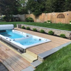 Swim Spa Built In, Backyard With Swim Spa, Sunken Swim Spa, Swim Spa Deck, Swim Spa Landscaping, Outdoor Swim Spa, Spool Pool, Spa Deck, Spa Landscaping