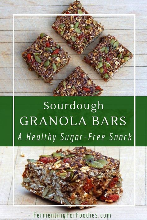 These healthy granola bars can be made with sourdough starter or yogurt. The fermentation helps to break down the oats, improving digestion and allowing the bars to be made without added flour or sugar. Try all five flavour options: chocolate pecan, blueberry almond, salty peanut and more!  #granolabars Sourdough Granola, Gluten Free Granola Bars, Soft Granola, Gluten Free Sourdough Starter, Improving Digestion, Natural Yeast, Sugar Free Snacks, Healthy Granola, Healthy Granola Bars