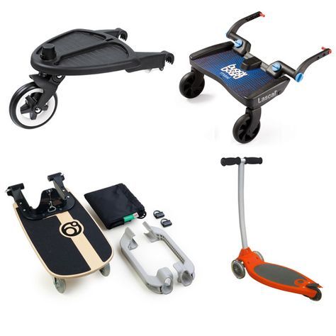 So these are AWESOME attachments for older kids to have a place to stand on their siblings strollers when they get tired. Stroller_wheeled_boards Diy Stroller, Stroller Board, Best Double Stroller, Toddler Stroller, Double Stroller, Baby Gadgets, Baby Swing, Diy Bebe, Stroller Toys