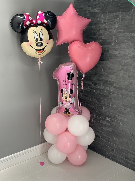 Minnie Mouse Birthday Theme, Minnie Mouse Decorations, Minnie Mouse Balloons, Minnie Mouse Birthday Party Decorations, 1st Birthday Balloons, Minnie Mouse 1st Birthday, Baby Birthday Decorations, Minnie Cake, One Balloon