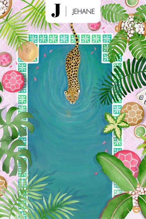 Jungle Painting, Botanical Flowers Print, Tropical Art Print, Pool Art, Tropical Painting, Leopard Art, Moroccan Boho, Jungle Art, Colourful Art