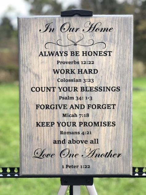 Christian Family Rules, Gray Entryway, Family Rules Sign, Quote Signs, Christian Signs, Bible Verse Signs, Family Rules, Christian Decor, Grey Stain