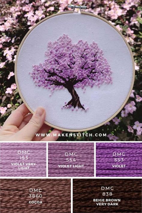 Hand Embroidery Tree Designs, Embroidery Thread Palette, Sakura Tree Embroidery, Embroidery Tree Design, Color Palette Embroidery, Dmc Color Palette Embroidery, Tree Embroidery Tutorial, Sakura Color Palette, Embroidery Tree Pattern