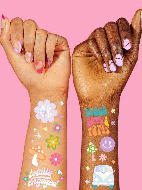 Peace Love & Bachelorette Party - temporary tattoos perfect to add to your retro bachelorette party favor bags Taylor Swift Bachelorette Party, Bachelorette Temporary Tattoos, Bach Party Decorations, Foil Tattoo, Bachelorette Tattoos, Veil Crystal, Metallic Tattoo Temporary, Dance All Night, Flower Print Top