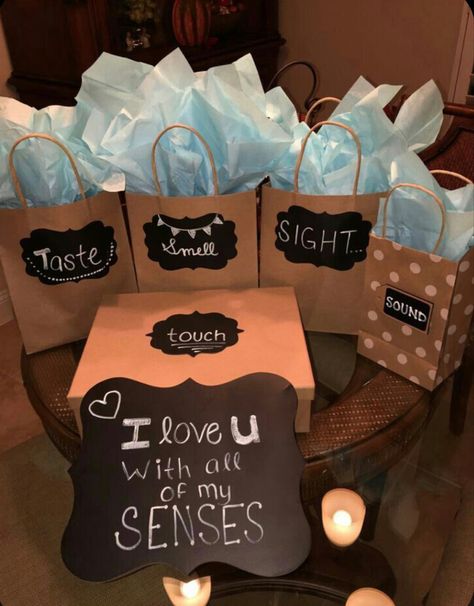 5 Senses Gift For Boyfriend, 5 Senses Gift, Present For Boyfriend, Birthday Present For Boyfriend, Anniversary Diy, Present For Husband, Surprise Boyfriend, Boyfriend Ideas, Birthday Surprise Boyfriend