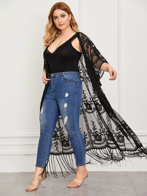 Lace Kimono Outfit, Mesh Kimono, Black Lace Kimono, Hem Embroidery, Kimono Outfits, Stile Boho Chic, Chic Plus Size, Plus Size Kimono, Kimono Outfit