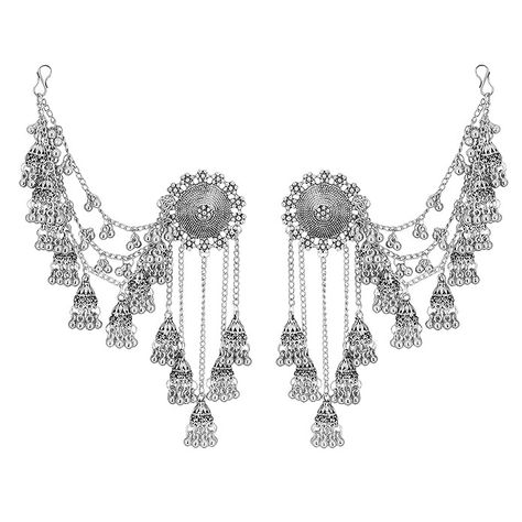 Shreyadzines Traditional Oxidized Silver Bahubali Kashmiri Jhumka Earrings with Hair Chain for Women and Girls Bahubali Jhumka, Earrings With Hair Chain, Bahubali Earrings, Silver Earrings Indian, Wedding Bollywood, Silver Jhumkas, Jhumka Designs, Hair Chain, Indian Accessories