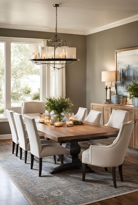 Make your dining room warm and inviting with a wooden dining table, upholstered chairs, a large area rug, and ambient pendant lighting. Create the perfect cozy dining space! #CozyDiningRoom #HomeDecor #DiningRoomDesign #InteriorInspo #WarmDining #CozyHome Dinning Table With Six Chair, Dining Room Table Wall Decor, Dining Room Oval Table Ideas, Dining Room Decor Neutral, Dark Floor Dining Room Ideas, Dark Wood Dining Table Decor Modern, Grey Chairs Dining Table, Dinning Room Table Lighting Ideas, Small Dining Room Color Ideas