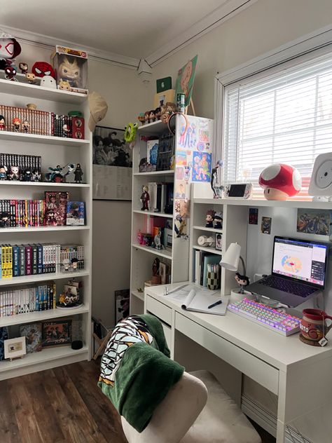 kpop | anime | room tour | manga | funkos | figures | bedroom Office With Pet Space, Room Idea Anime, Minimalistic Anime Room, Bedroom Anime Ideas, Anime Room Inspo Aesthetic, Figure Room Ideas, Maximalist Kpop Room, Anime And Kpop Room Ideas, Anime Maximalist Room