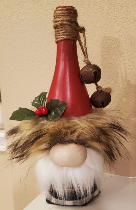 Wine Bottle Gnome, Holiday Wine Bottle Crafts, Wine Bottle Crafts Christmas, Holiday Wine Bottles, Wine Craft, Christmas Wine Bottles, Diy Glass Bottle Crafts, Gnomes Diy, Handmade Christmas Crafts