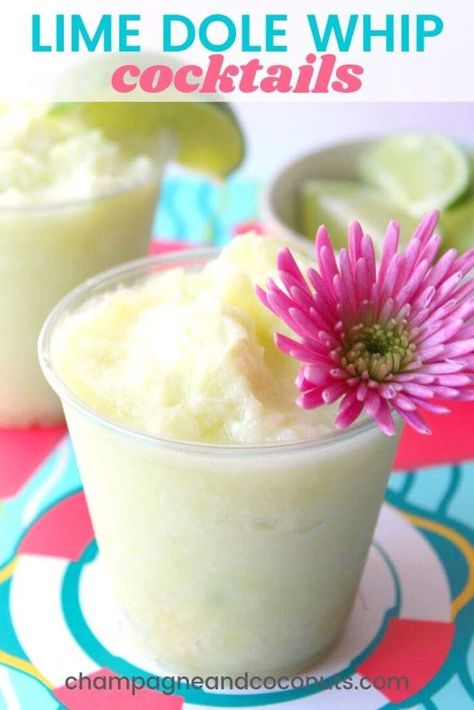 Who says Dole Whip Margaritas get to have all the fun? That's right! Bring some of that Disney creativity to your home bar and make some yummy Lime Dole Whip drinks like a mojito, daiquiri, and of course, a yummy frozen margarita. | champagneandcoconuts.com #lime #dolewhip #Disneycopycat #cocktailrecipes #frozendrinks #boozy #adultbeverages Frozen Mojito, Coconut Milk Drink, Dole Whip Recipe, Frozen Daiquiri, Frozen Drink Recipes, Summertime Cocktail, Daiquiri Recipe, Frozen Margarita, Malibu Coconut