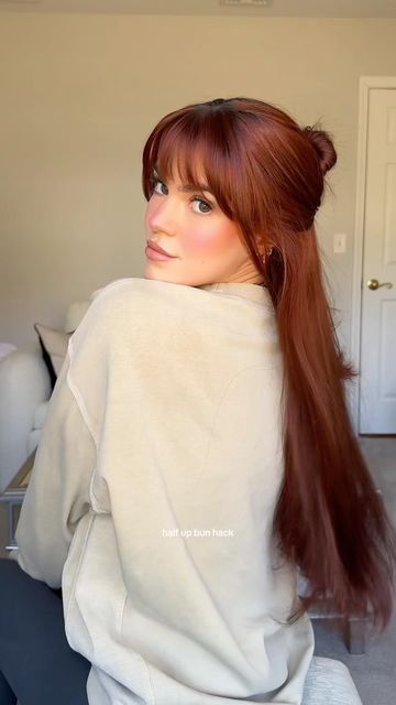 Straight Red Hair With Bangs, Long Auburn Hair With Bangs, Auburn Hair Bangs, Auburn Hair With Bangs, Half Up Half Down Bun, Down Bun, Straight Red Hair, Bun Hack, Red Hair With Bangs