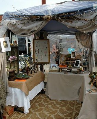 "fairy" tent at the Alberta Art Hop *note the rug, the swag of twigs and curtains on the sides, makes te difference between a sale and a look I think.  Good Job!!! Art Fair Booth, Flea Market Booth, Vendor Booth Display, Craft Fair Booth Display, Craft Show Booths, Jewelry Booth, Stand Feria, Craft Show Booth, Craft Booth Display