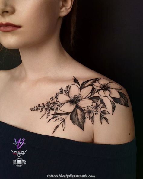 Front Shoulder Tattoos, Hibiscus Tattoo, Bone Tattoos, Tattoos For Women Flowers, Sugar Skull Tattoos, Flower Tattoo Shoulder, Shoulder Tattoos For Women, Dragonfly Tattoo, Collar Bone Tattoo