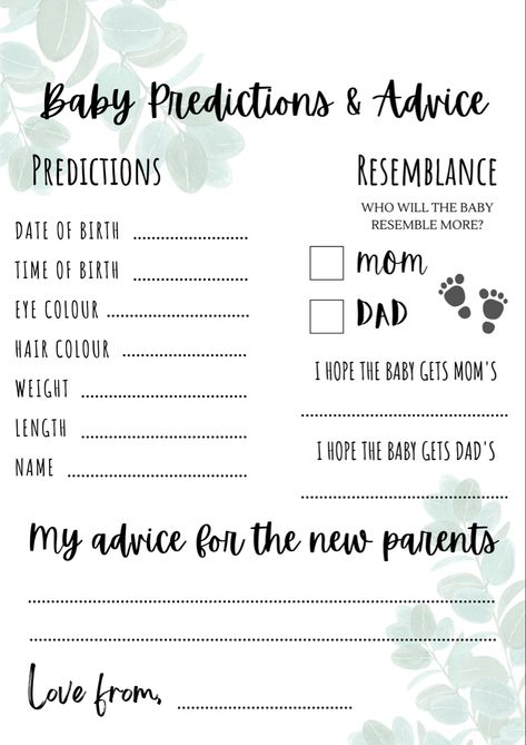 Baby Predictions Printable, Baby Prediction Cards, Baby Predictions, Baby Shower Activity, Baby Prediction, Baby Shower Activities, Advice Cards, Shower Games, New Parents