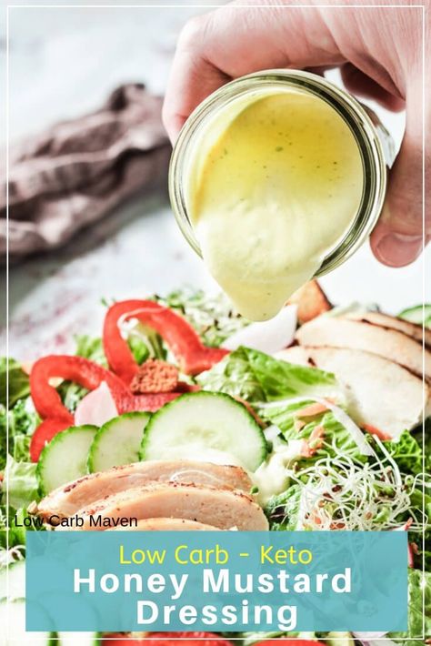 Keto honey mustard is a rich, creamy low carb sauce perfect for dipping or dressing a salad. Whip up this quick and easy sauce in minutes. via @lowcarbmaven #lowcarb #keto Keto Honey Mustard, Keto Honey, Low Carb Salad Dressing, Low Carb Dressing, Honey Mustard Salad Dressing, Mustard Salad Dressing, Keto Salad Dressing, Keto Condiments, Low Carb Salads