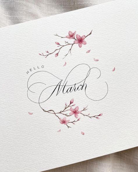 alison on Instagram: “Hello March, the season of sakura 🌸🌱 Next up in my monthly series is the cherry blossom, another favourite of mine for its enchanting…” March Lettering, Calligraphy Flowers, Calligraphy Writing Styles, Wedding Illustration Card, Calligraphy Letters Alphabet, Sakura Season, Flourish Calligraphy, Hello March, Calligraphy Cards