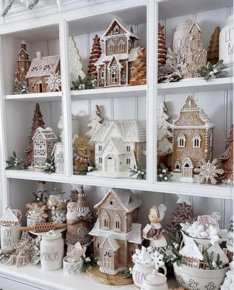 Neutral Christmas Village Display, Christmas Gingerbread Village, Gingerbread House Display Ideas, Gingerbread Village Display Ideas, Gingerbread Village Display, Christmas Decor Themes, Gingerbread Display, Gingerbread Kitchen, Gingerbread House Ideas