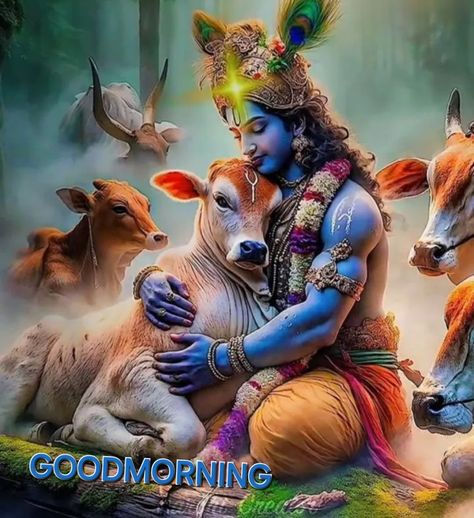 Shree Krishna With Cow, Krishna Ji With Cow, Kamdhenu Cow Painting, Krishna And Cow, Hindu Wallpaper, Krishna With Cow, Indian Cow, Krishna Mahadev, Cottage Illustration