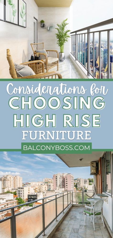 Learn the considerations for choosing high rise furniture in this super helpful post! There are 2 main considerations for high rise balcony furniture: height and weight. Learn what to avoid and how to get some of the basics without them blowing away and causing damage to the property. Click through for all the details! High Rise Balcony, Balcony Hanging Plants, Balcony Patio Ideas, High Rise Apartment, Balcony Privacy, Balcony Pool, Balcony Planters, Balcony Table And Chairs, Balcony Chairs