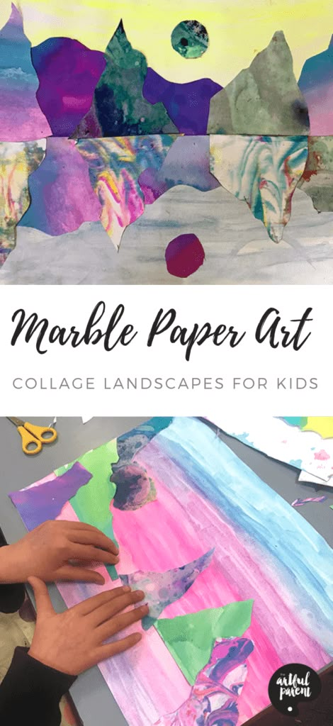 Create beautiful marble paper art landscape collages inspired by Australian artist Kate Shaw in this post by Danielle Falk of Little Ginger Studio. #kidsart #artsandcrafts #artforkids #kidsactivities #sensoryactivity #sensory   via @The Artful Parent Paper Art Landscape, Collages For Kids, Marble Paper Art, Kate Shaw, Collage Landscapes, Collage Landscape, Art Lessons For Kids, Art Teaching, Art Projects For Kids