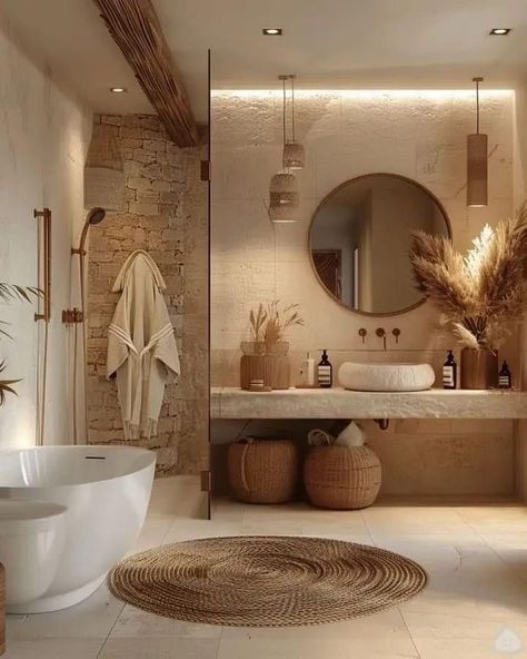 Tulum Inspired Bathroom, Natural Bathroom Design Earth Tones, Mediterranean Modern Interior, House Interior Bathroom, Earthy Bathroom, Tub Design, Outdoor Christmas Decoration Ideas, Earthy Home, Tub Ideas