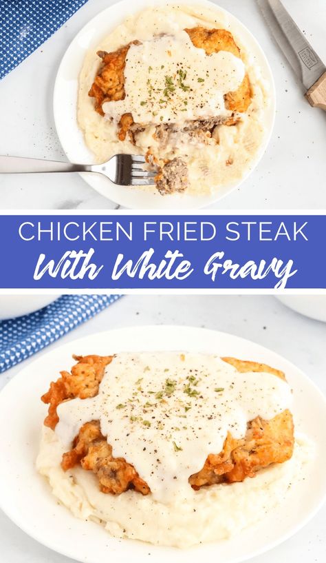 This Chicken Fried Steak with White Gravy recipe has the best of steak and fried chicken, all in one meal. This recipe is comfort food at it's best! Country Fried Chicken Gravy Recipe, Chicken Fried Steak And Gravy Recipe, Chicken Fried Steak Gravy Recipe Easy, Tender Chicken Fried Steak, The Best Chicken Fried Steak, Cube Steak Meal Ideas, Chicken Fried Steak Gravy Recipe, White Gravy For Chicken Fried Steak, Chicken Fried Steaks